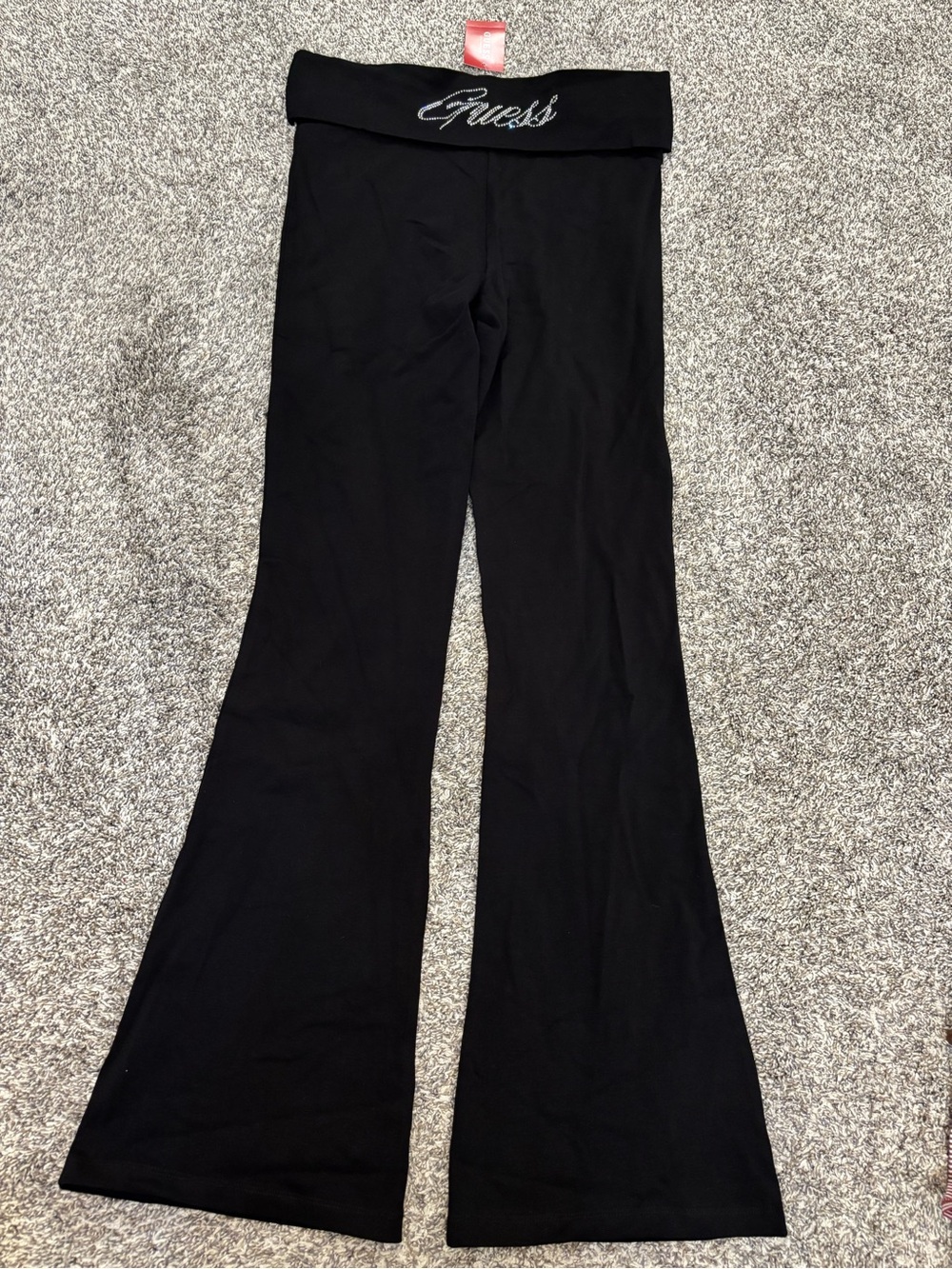 GUESS women’s Black Fold-Over Waist Flared Pants with Embroidered Logo Sz medium